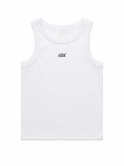 A white sleeveless tank top with a small Clash's black stylized logo on the center chest, displayed flat against a plain white background.