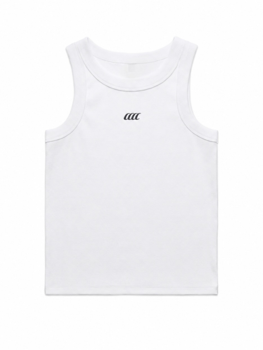 A white sleeveless tank top with a small Clash's black stylized logo on the center chest, displayed flat against a plain white background.